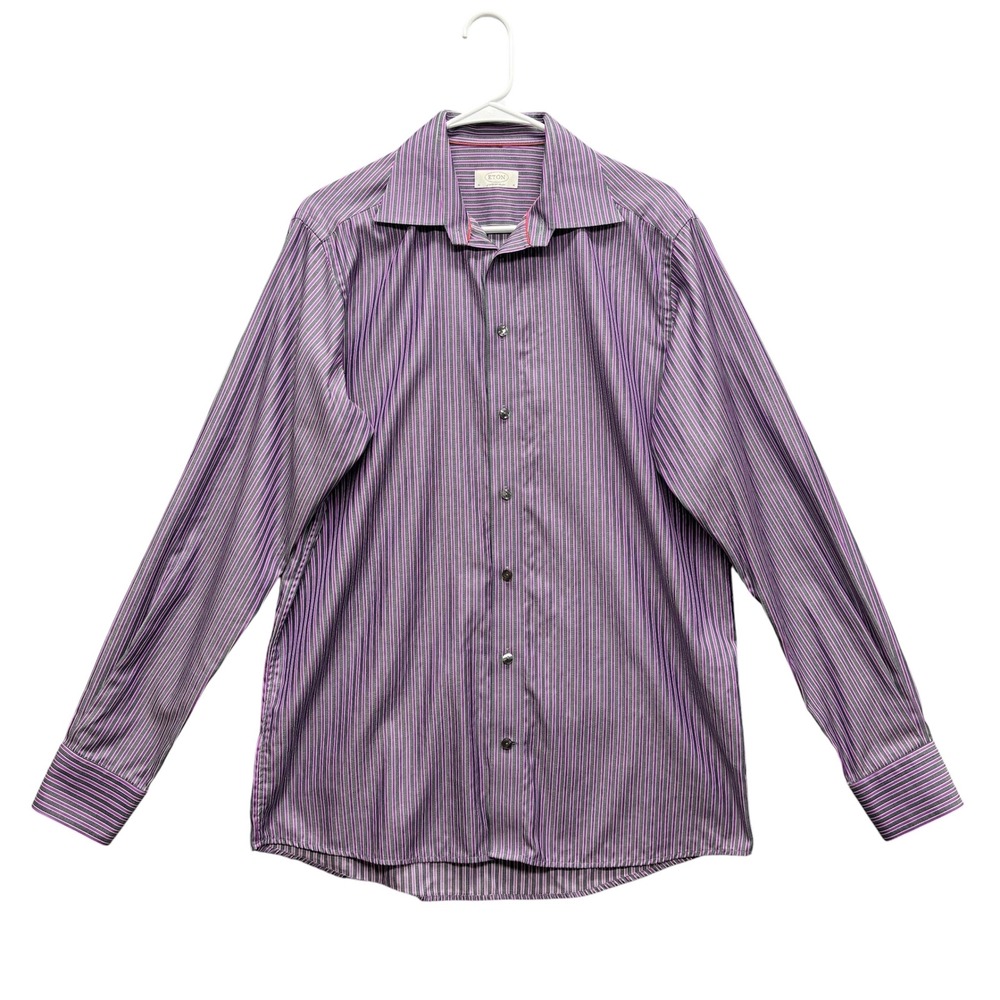 Eton of Sweden Mens Contemporary Striped Cotton Dress Shirt Purple Grey 16 41